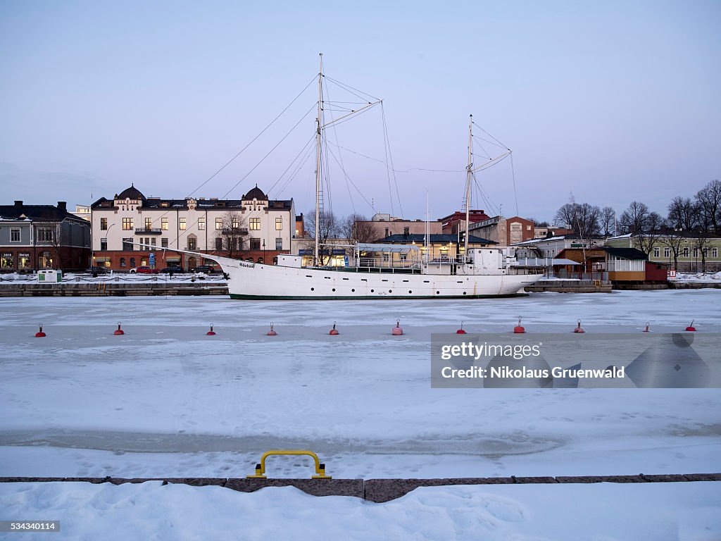 Porvoo at dawn. Wooden house along the river Porvoonjoki, Porvoo, Finland.