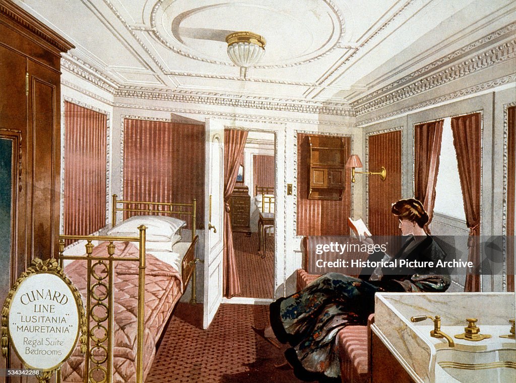 Print of a Regal Suite Bedroom Aboard the Lusitania