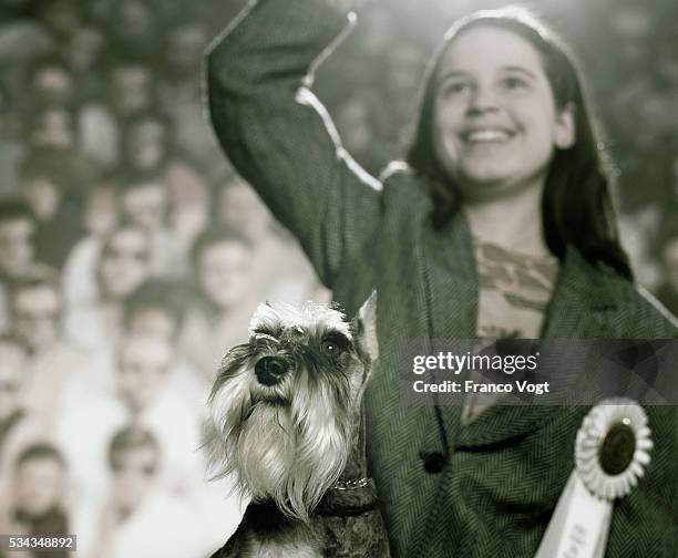 smiling girl with award winning dog - dog show rosettes stock pictures, royalty-free photos & images