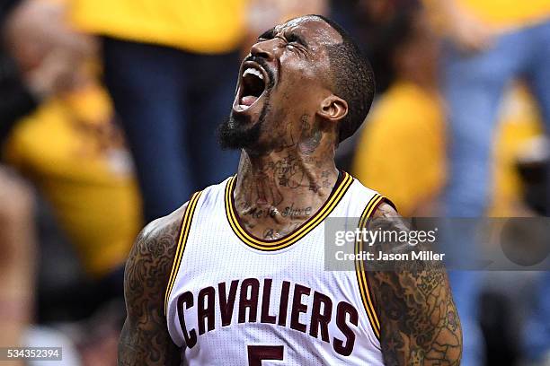 Smith of the Cleveland Cavaliers reacts after a play in the first quarter against the Toronto Raptors in game five of the Eastern Conference Finals...