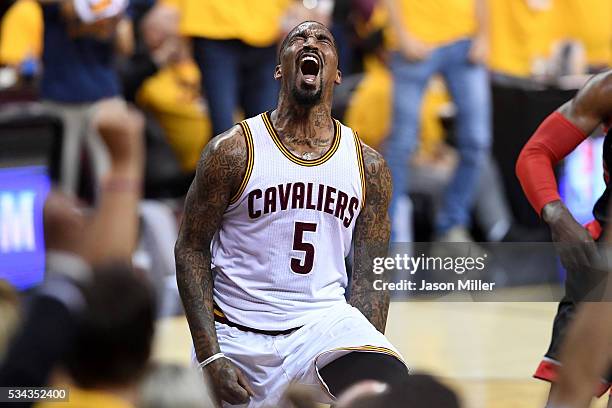 Smith of the Cleveland Cavaliers reacts after a play in the first quarter against the Toronto Raptors in game five of the Eastern Conference Finals...