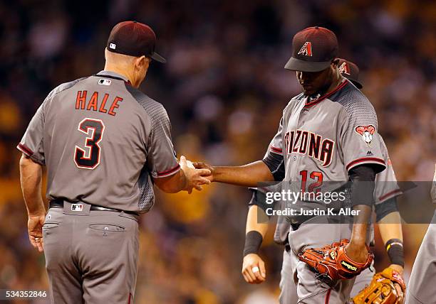 Rubby De La Rosa of the Arizona Diamondbacks is pulled from the game by manager Chip Hale after giving up a two run home run in the fifth inning...