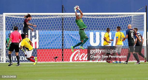 Alexander Dominguez of Ecuador blocks a shot against the United States in the first half during an International Friendly match at Toyota Stadium on...