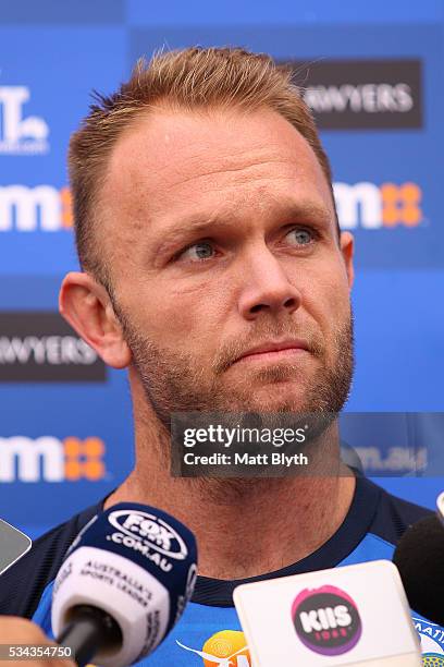 David Gower talks to the media during a Parramatta Eels NRL media opportunity at the Eels Training Centre on May 26, 2016 in Sydney, Australia.