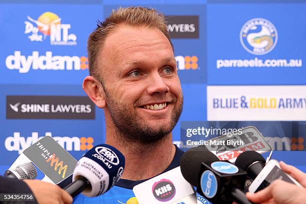 David Gower talks to the media during a Parramatta Eels NRL media opportunity at the Eels Training Centre on May 26, 2016 in Sydney, Australia.