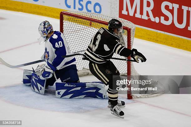 Hershey's Jakub Vrana scores on Marlies' goalie Garret Sparks during 3rd period action between Toronto Marlies and Hershey Bears in game three of...