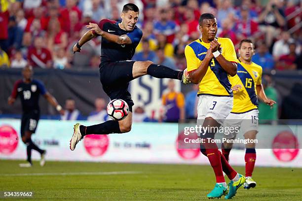 Clint Dempsey of the United States takes a shot against Frickson Erazo of Ecuador in the second half during an International Friendly match at Toyota...