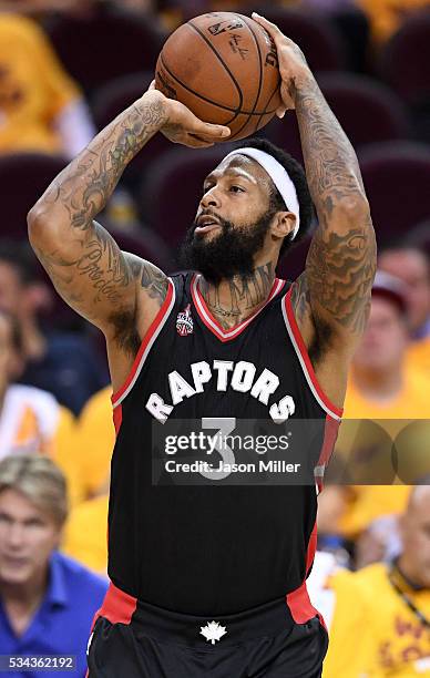 James Johnson of the Toronto Raptors shoots late in the game against the Cleveland Cavaliers in game five of the Eastern Conference Finals during the...