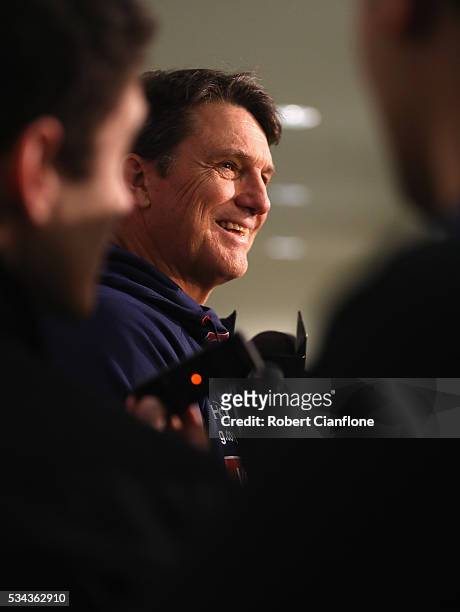 Demons coach Paul Roos speaks to the media during a Melbourne Demons AFL press conference at AAMI Park on May 26, 2016 in Melbourne, Australia.