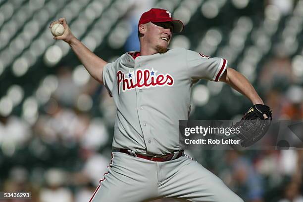 Brett Myers of the Philadelphia Phillies pitches during the game against the Colorado Rockies at Coors Field on July 29, 2005 in Denver, Colorado....