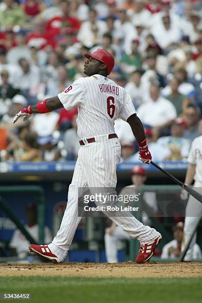 August 4: Ryan Howard of the Philadelphia Phillies bats during the game against the Chicago Cubs at Citizens Bank Park on August 4, 2005 in...