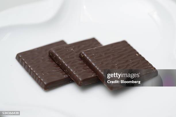 Chocolate bars made from Ogasawara cocoa beans are displayed for a photograph at a Hiratsuka Confectionery Co. Factory in Soka City, Saitama...