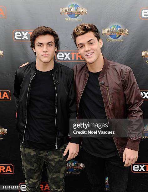 Grayson Dolan and Ethan Dolan visit "Extra" at Universal Studios Hollywood on May 25, 2016 in Universal City, California.