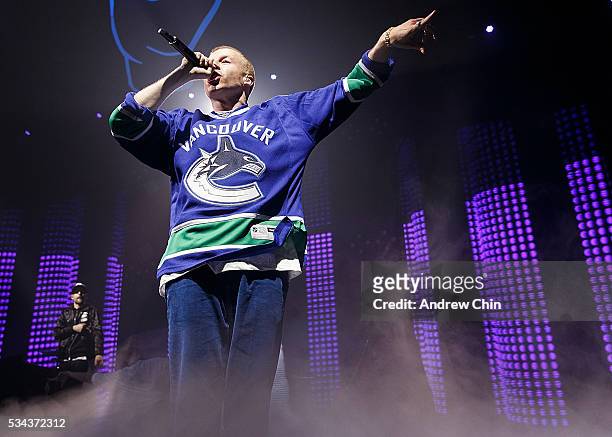 American hip-hop duo Macklemore and Ryan Lewis perform onstage during their North American 'The Unruly Mess I've Made' world tour at PNE Forum on May...