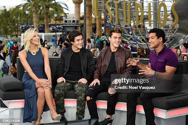 Charissa Thompson, Ethan Dolan, Grayson Dolan and Mario Lopez visit "Extra" at Universal Studios Hollywood on May 25, 2016 in Universal City,...