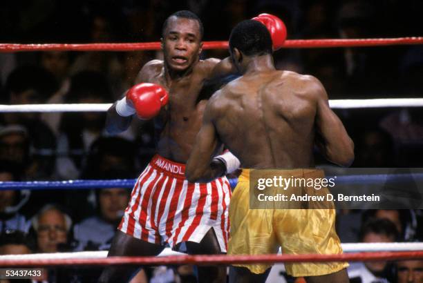 Sugar Ray Leonard gives a left upper jab to Thomas Hearns during their WBC Super Middleweight Title bout schedule for twelve rounds at the Caesars...