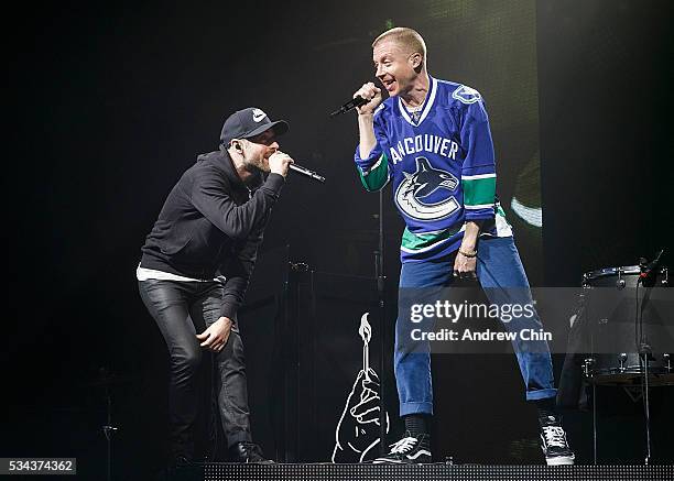 American hip-hop duo Macklemore and Ryan Lewis perform onstage during their North American 'The Unruly Mess I've Made' world tour at PNE Forum on May...