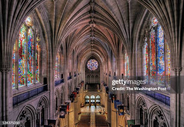 Rare view of the National Cathedral, from a scaffold high up off the floor, as it holds a press conference to mark the completion of the first phase...