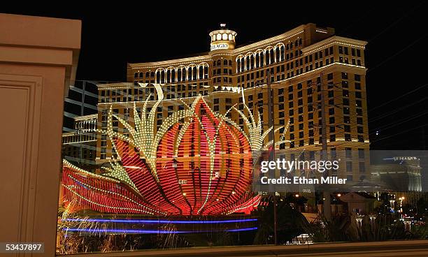 Lights from the Flamingo Las Vegas are reflected in the plastic glass of a pedestrian overpass in front of the Bellagio August 18, 2005 in Las Vegas,...