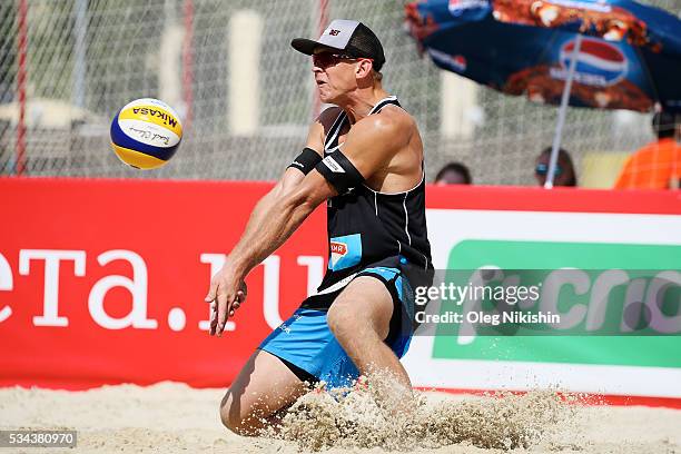 Janis Smedins of Latvia receives a ball during 2nd day of the FIVB Moscow Grand Slam on May 25, 2016 in Moscow, Russia.