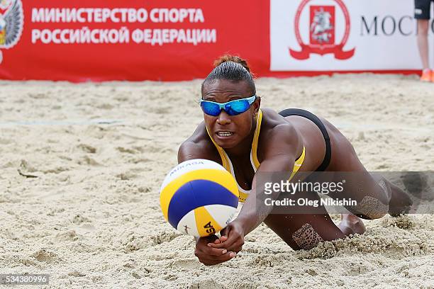 Linline Matauatu of Vanuatu receives a ball during 2nd day of the FIVB Moscow Grand Slam on May 25, 2016 in Moscow, Russia.