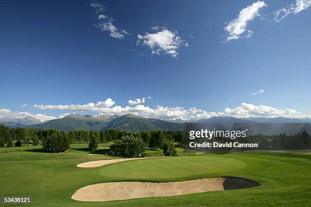 The green on the par 4, 17th hole with the 12th green behind on the Crans Sur Sierre Golf Club Crans Montana, on July 21, 2005 in Crans Montana,...