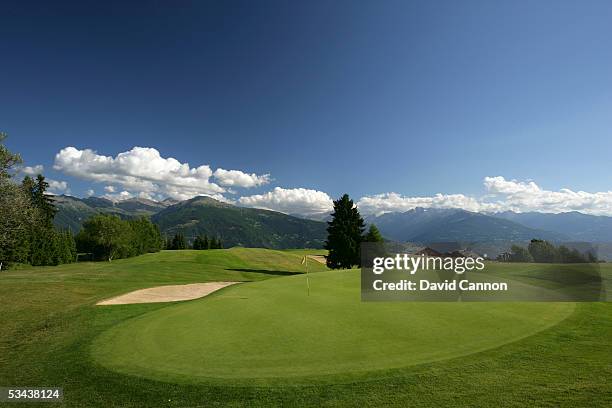 View from behind the green on the par 3, 8th hole on the Crans Sur Sierre Golf Club Crans Montana, on July 21, 2005 in Crans Montana, Switzerland