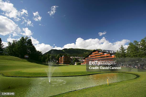 The green on the par 4, 18th hole on the Crans Sur Sierre Golf Club Crans Montana, on July 21, 2005 in Crans Montana, Switzerland