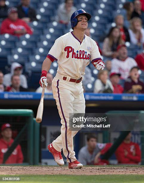 David Lough of the Philadelphia Phillies bats against the Cincinnati Reds at Citizens Bank Park on May 15, 2016 in Philadelphia, Pennsylvania.