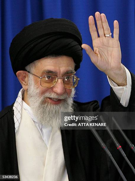 Iran's supreme leader Ayatollah Ali Khamenei delivers the sermon of the weekly Friday prayers, with a portrait of the late founder of the Islamic...