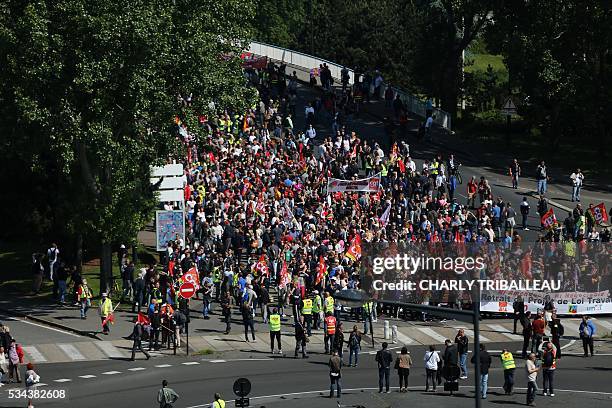 Employees and unionists demonstrate in Le Havre northwestern France, on May 26 to protest against the government's proposed labour reforms. Refinery...