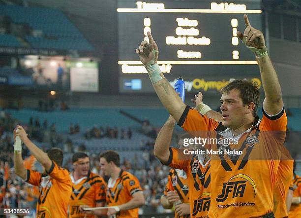 John Skandalis of the Tigers celebrates after the round 24 NRL match between Wests Tigers and the Bulldogs at Telstra Stadium on August 19, 2005 in...