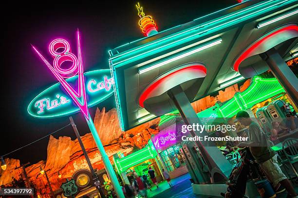 disneyland 60th aniversary at cars land night time - orlando towers stock pictures, royalty-free photos & images