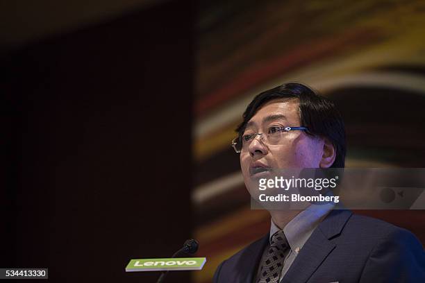 Yang Yuanqing, chairman and chief executive officer of Lenovo Group Ltd., speaks during a news conference in Hong Kong, China, on Thursday, May 26,...