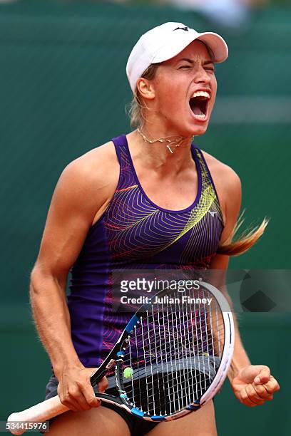 Yulia Putintseva of Kazakhstan celebrates during the Ladies Singles second round match against Andrea Petkovic of Germany on day five of the 2016...