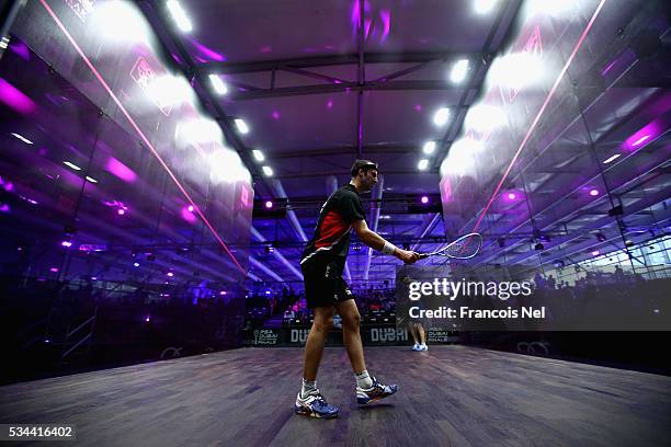 Simon Rosner of Germany competes against Cameron Pilley of Australia during day three of the PSA Dubai World Series Finals 2016 at Burj Park on May...