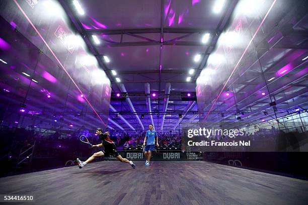 Simon Rosner of Germany competes against Cameron Pilley of Australia during day three of the PSA Dubai World Series Finals 2016 at Burj Park on May...