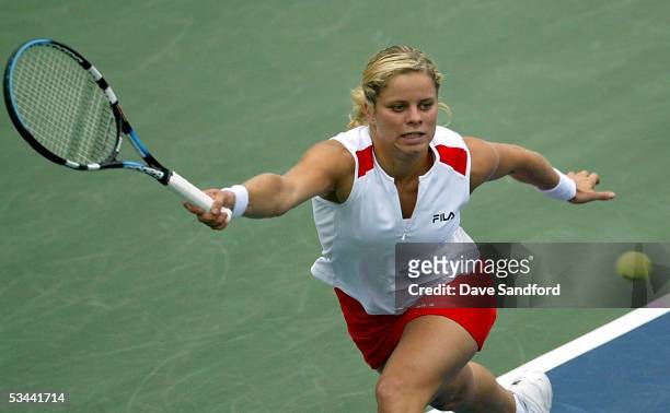 Kim Clijsters of Belgium plays and defeats Flavia Pennetta of Italy in their quarter-final match at the Sony Ericsson WTA Tour Rogers Cup tennis...