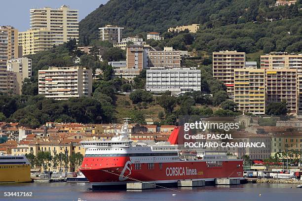 The Corsica Linea Ferry Jean Nicoli is docked in the ferry port at Ajaccio on May 26, 2016 on the French Mediterranean island of Corsica. The ferry...