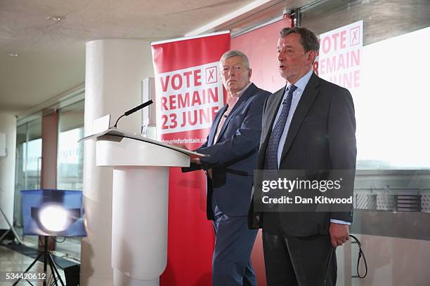 Former Labour MP Alan Johnson and Lord David Blunkett speak to members of the press during a press conference at the Royal Festival Hall on May 26,...