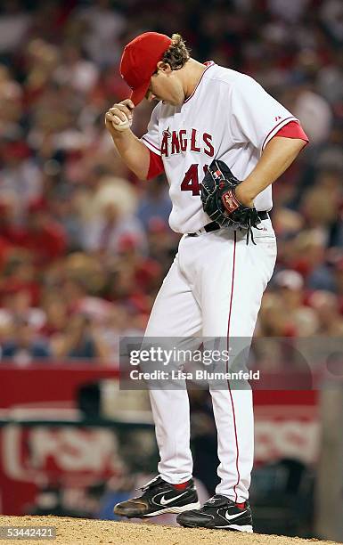 John Lackey of the Los Angeles Angels of Anaheim prepares to pitch against the Boston Red Sox on August 19, 2005 at Angel Stadium in Anaheim,...
