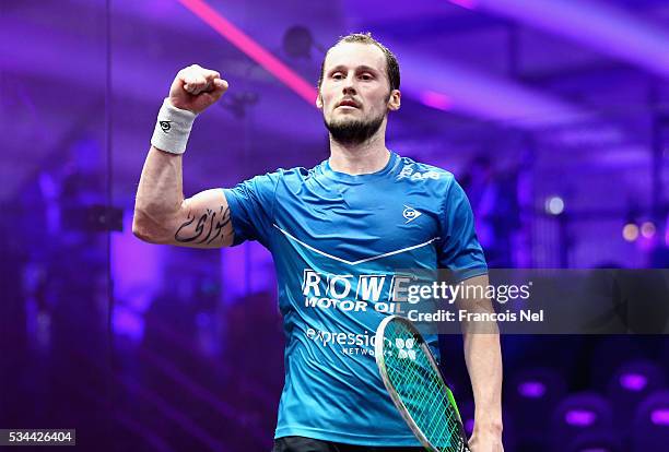 Gregory Gaultier of France celebrates winning his Men's singles match against Omar Mosaad of Egypt during day three of the PSA Dubai World Series...