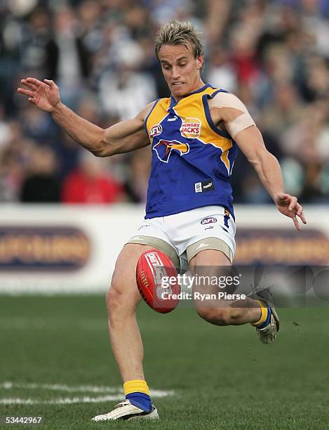 Mark Nicoski for the Eagles in action during the round twenty one AFL match between the Geelong Cats and the West Coast Eagles at Skilled Stadium on...