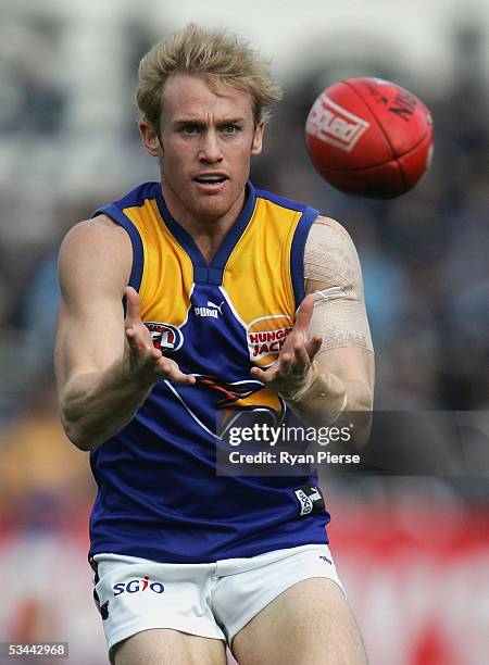 Michael Braun for the Eagles in action during the round twenty one AFL match between the Geelong Cats and the West Coast Eagles at Skilled Stadium on...