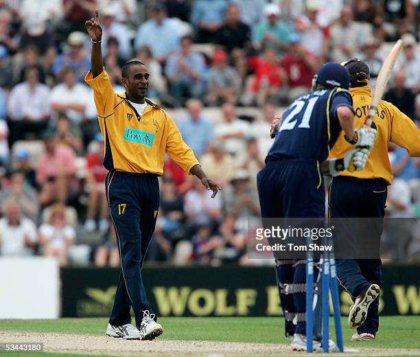 Dimitri Mascarenhas of Hamshire celebrates the wicket of Richard Dawson of Yorkshire during the C&G Semi Final match between Hampshire and Yorkshire...