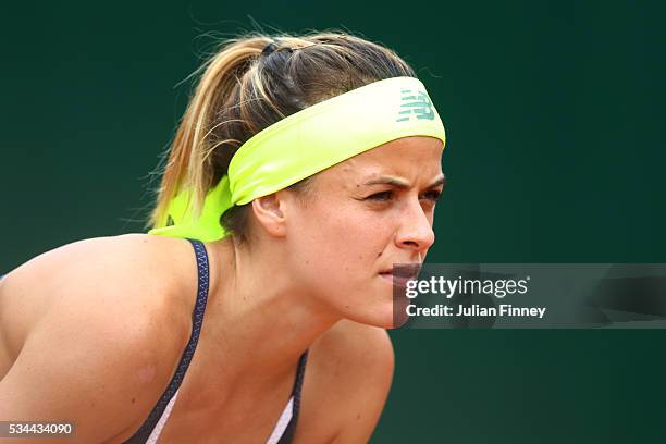 Nicole Gibbs of the United States looks on during the Ladies Doubles first round match against Sabine Lisicki and Andrea Petkovic of Germany on day...
