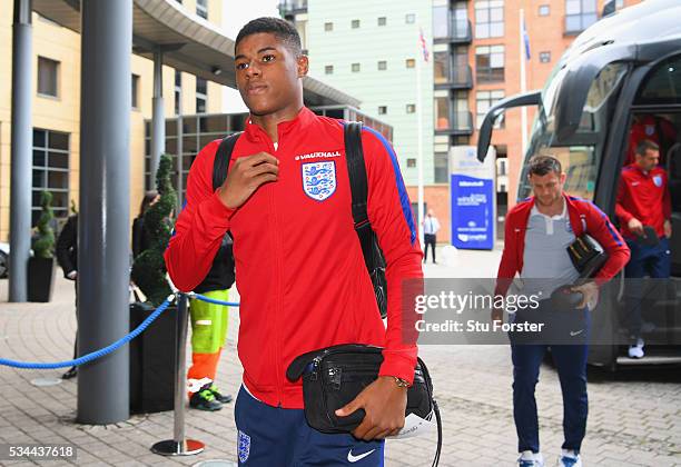 Marcus Rashford of England arrives at the team hotel on the eve of their international friendly against Australia at the Hilton Gateshead on May 26,...