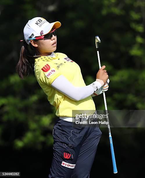 Mi Hyang Lee of South Korea tees off on the sixteenth hole during the first round of the LPGA Volvik Championship on May 26, 2016 at Travis Pointe...