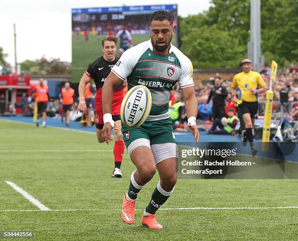 Leicester Tigers' Telusa Veainu in action during the Aviva Premiership Semi Final match between Saracens and Leicester Tigers at Allianz Park on...