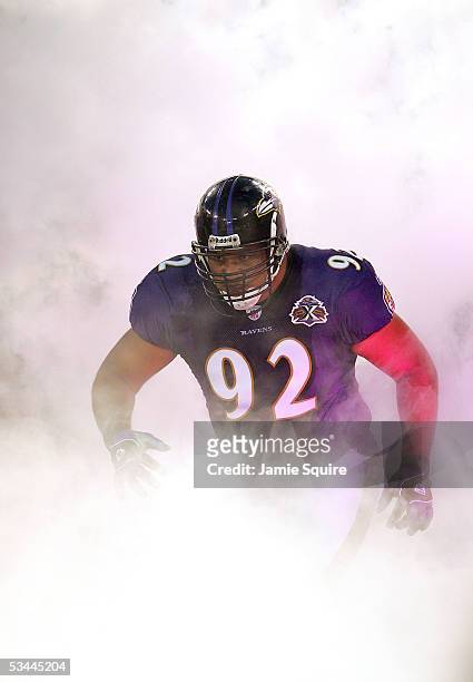 Defensive tackle Maake Kemoeatu of the Baltimore Ravens enters the field during player introductions prior to the preseason game against the...